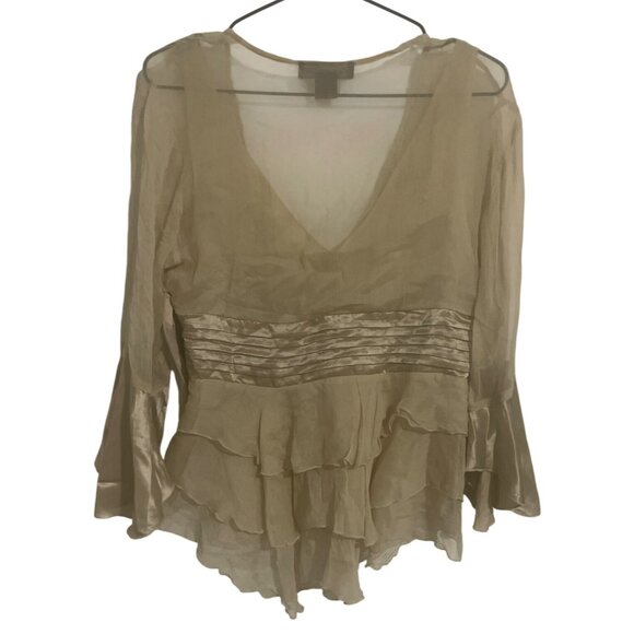 Silkland Womens Beige Silk Ruffle Hem Retro Blouse Flared Sleeves Size S Party E - Picture 4 of 5